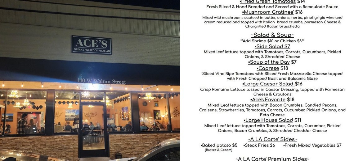 Ace's Steak, Seafood, Italian restaurant. Menu